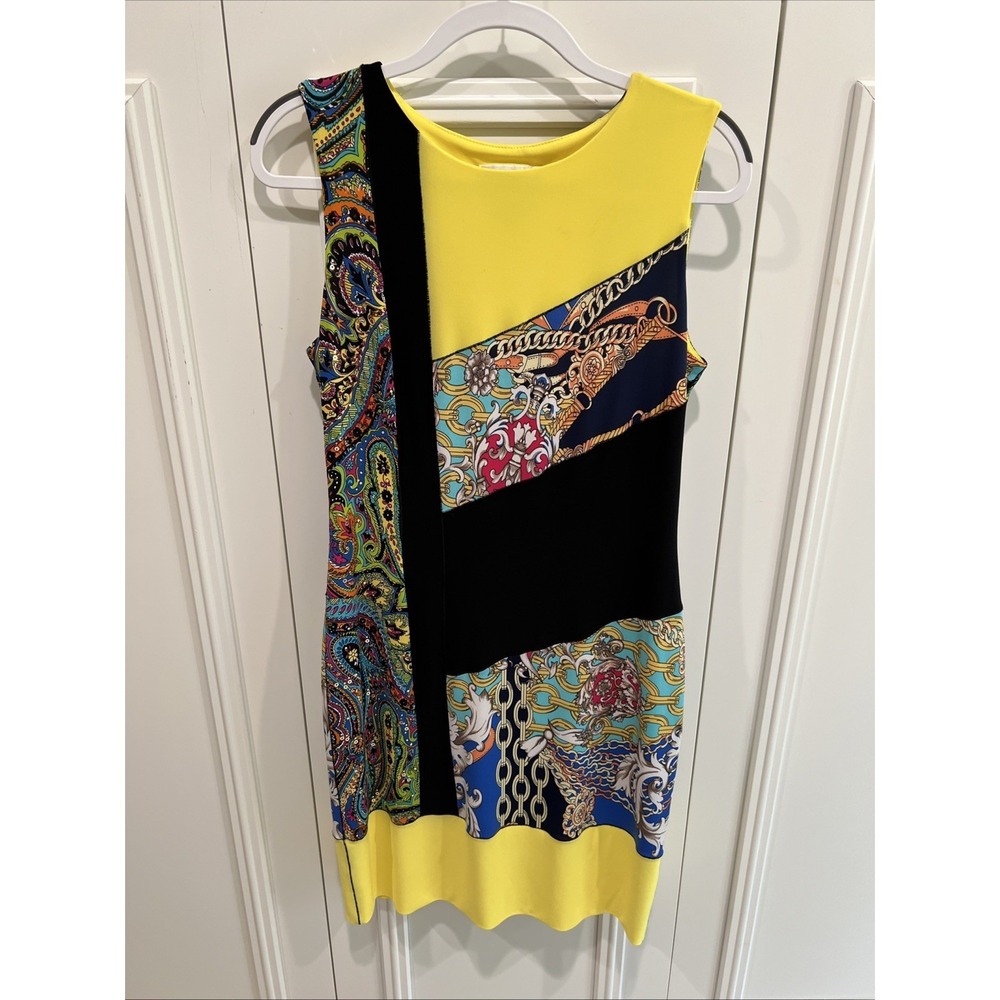 Joseph Ribkoff Sheath Dress Size 10 Yellow Sequin Patchwork Artsy Designer
